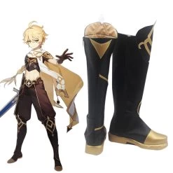 Genshin Impact Male Traveler Outlander Aether Black Shoes Cosplay Boots